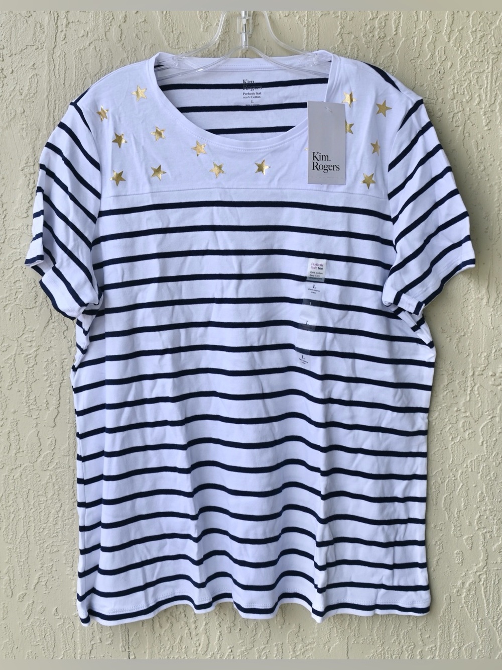 Kim Rogers White Navy Striped Short Sleeve Tee with Gold Star Detail